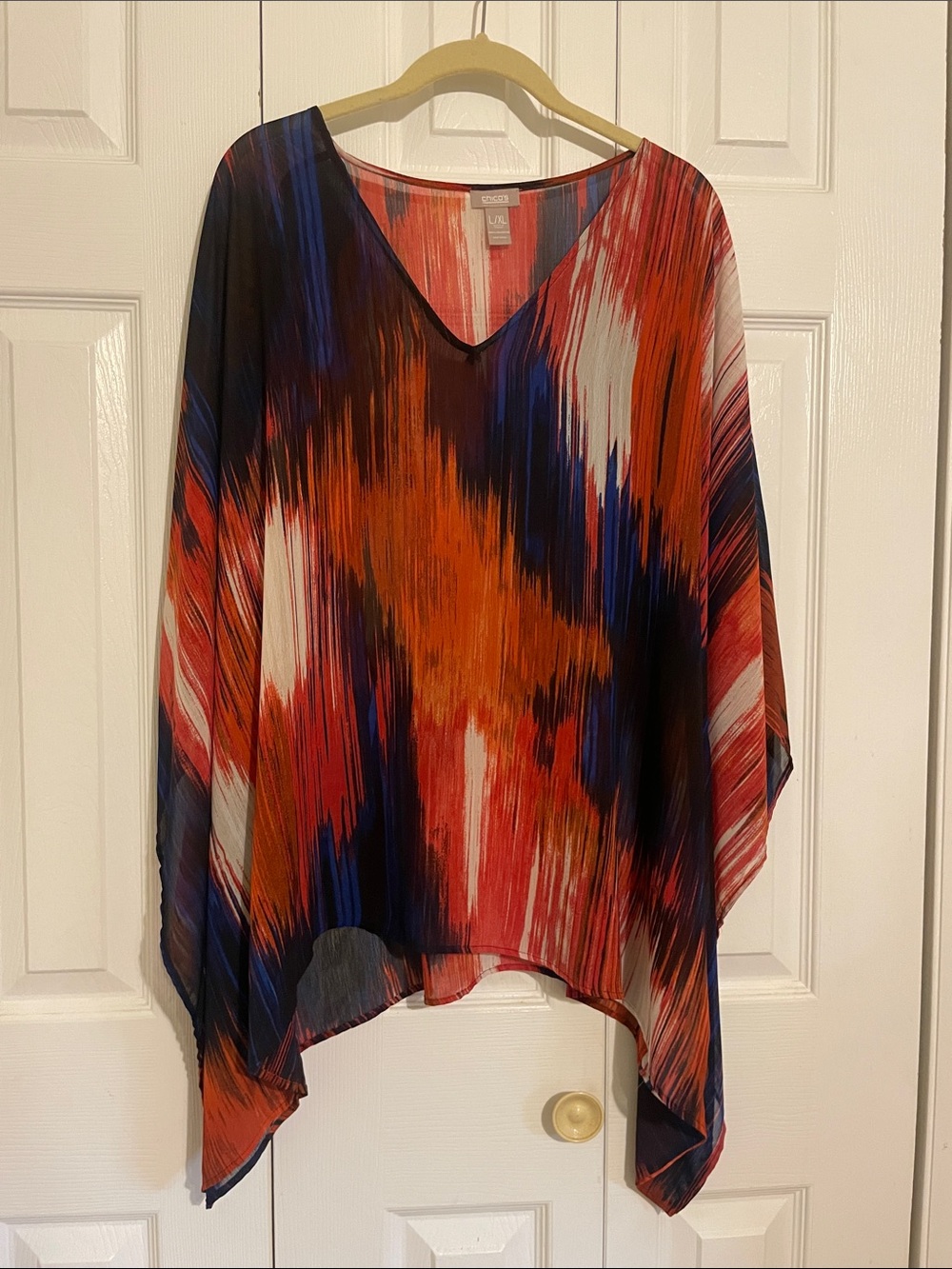 Silky Chico's V-Neck Tunic in Red, White & Blue Abstract Print